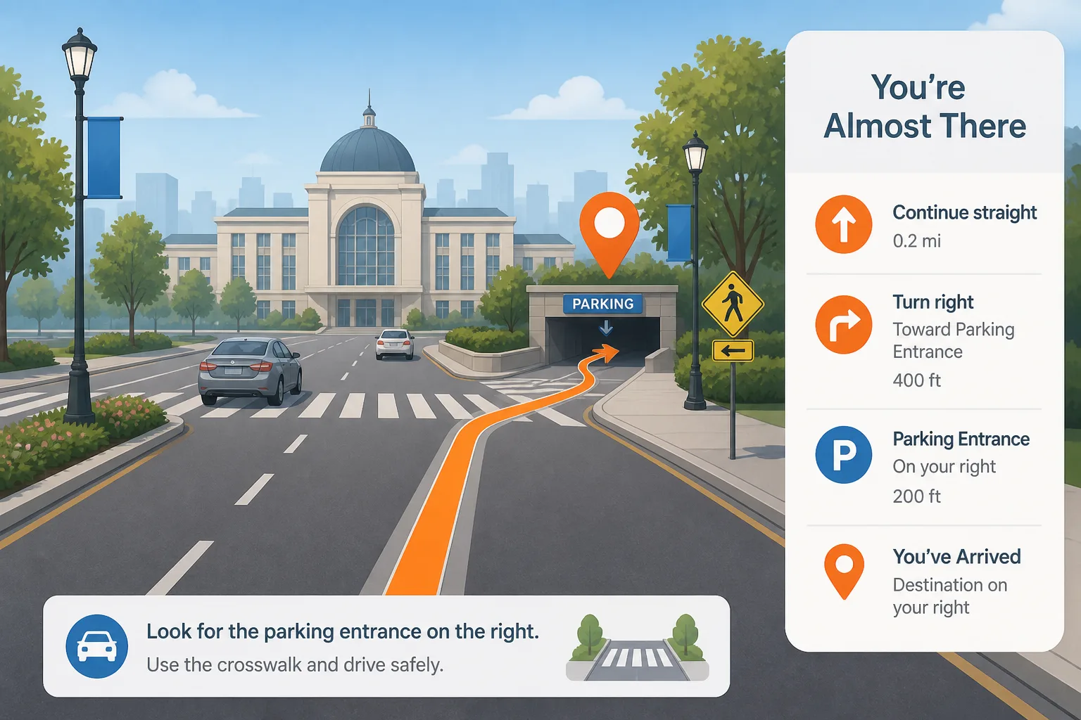 Google Maps Driving Directions detailed route view with city roads and destination marker