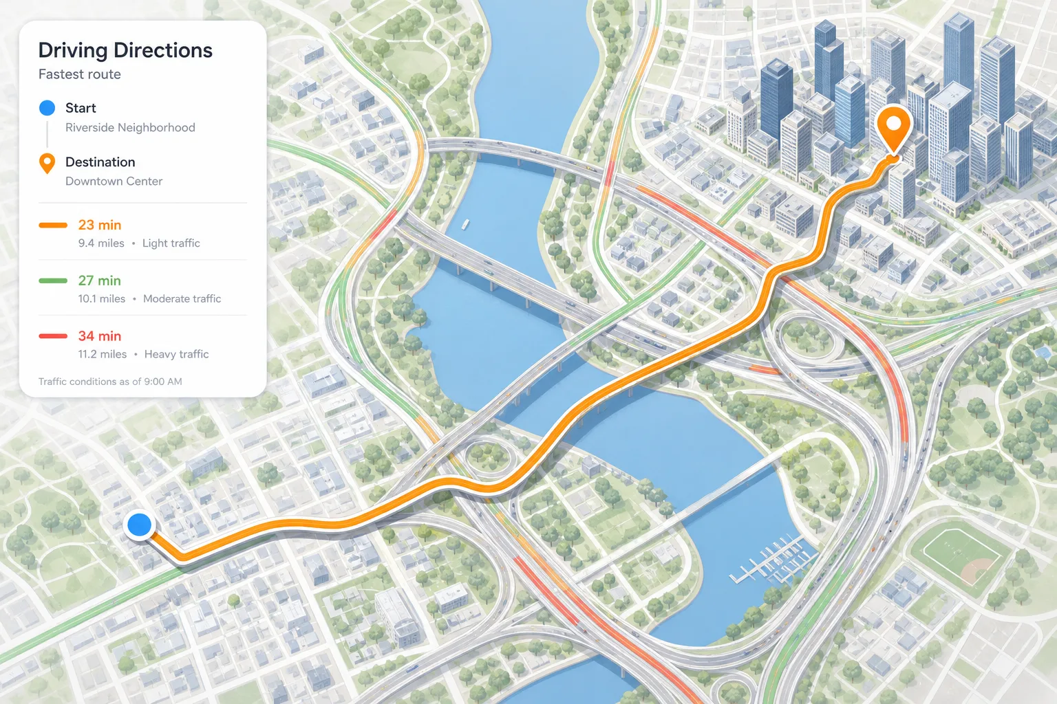 Google Maps Driving Directions concept with a highlighted route across a modern city map