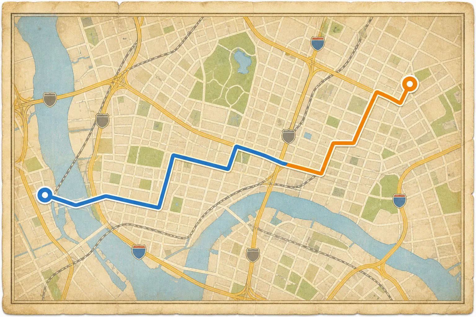 Classic-style map detail showing route turns and nearby landmarks