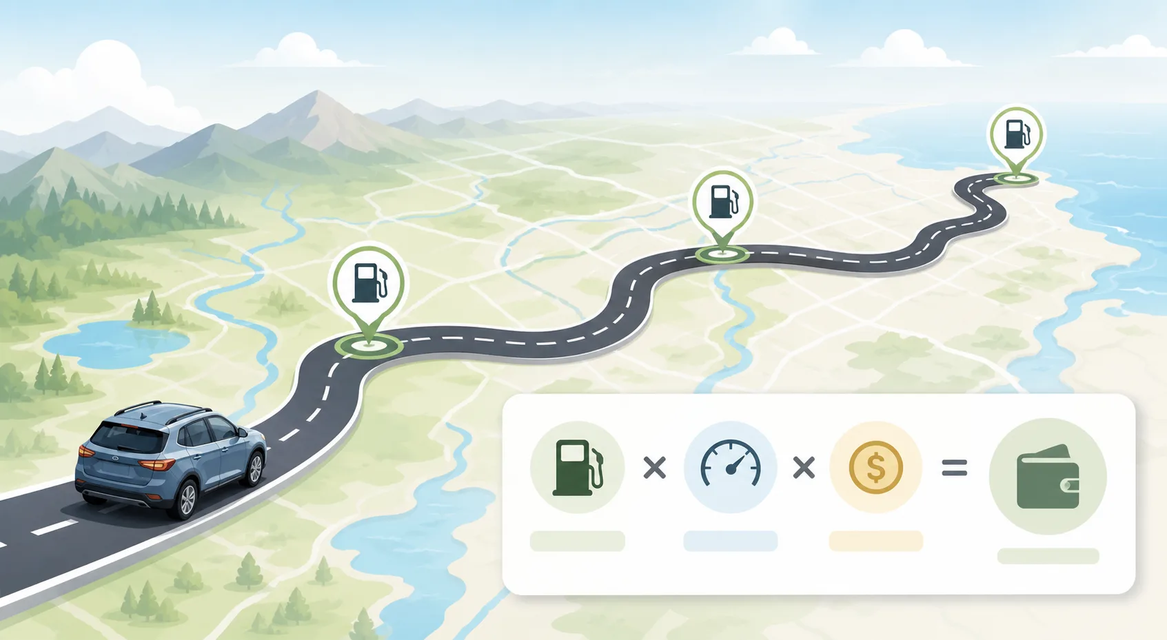 Map detail and fuel planning illustration for a MapQuest Gas Calculator estimate