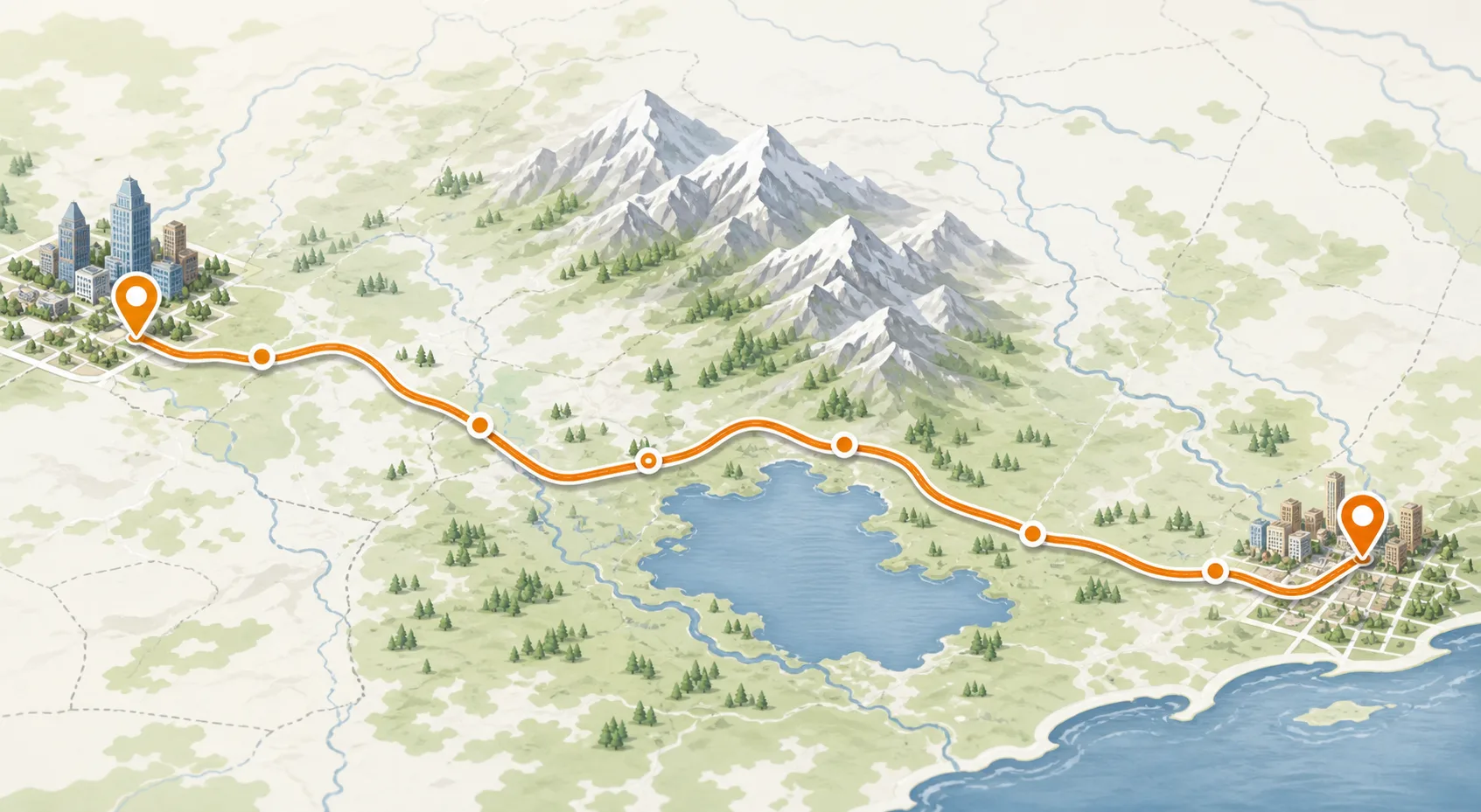 Detailed route map for comparing mileage between alternate destinations