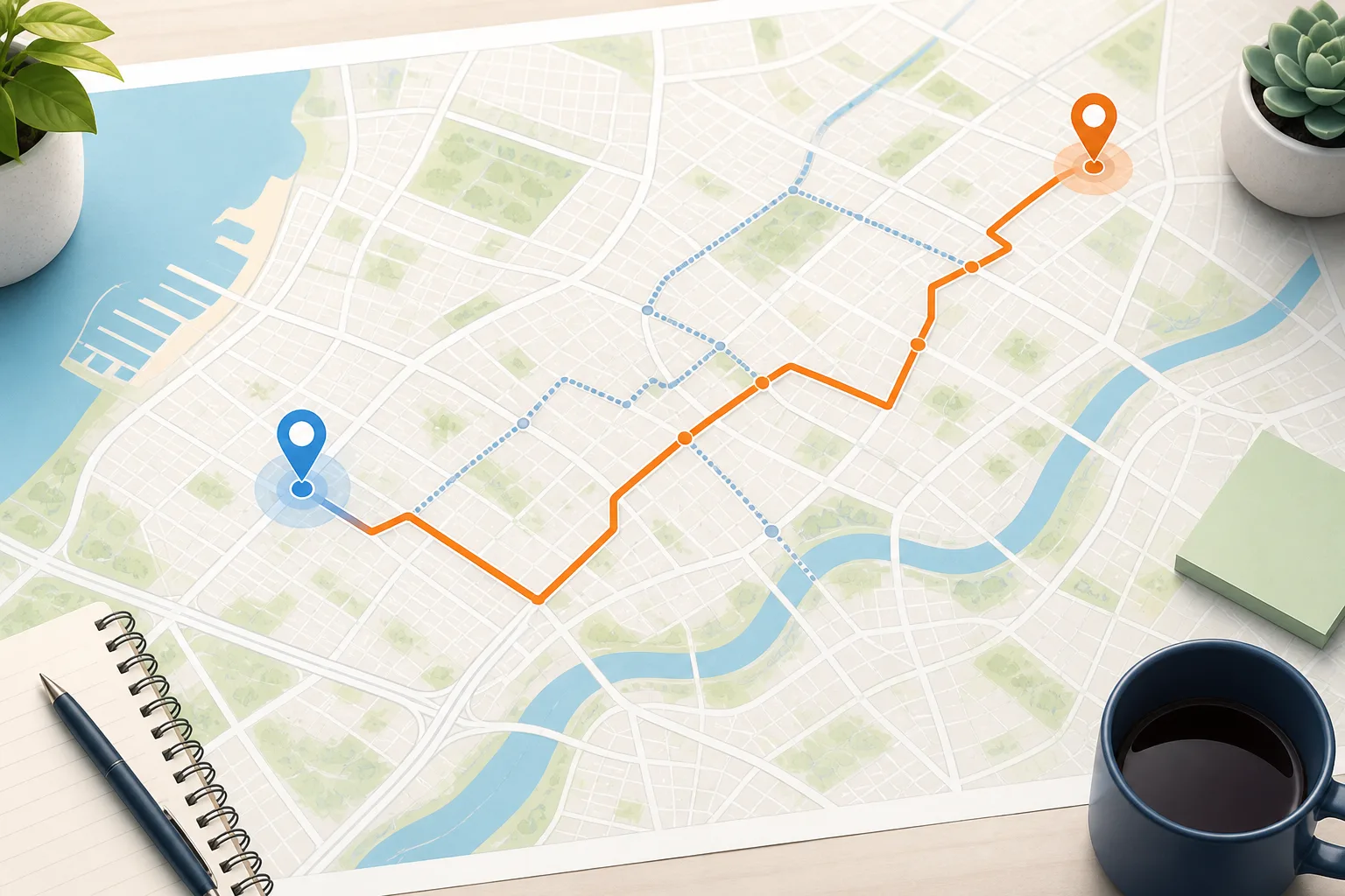 MapQuest map overview with a blue starting point, orange route, and alternate paths