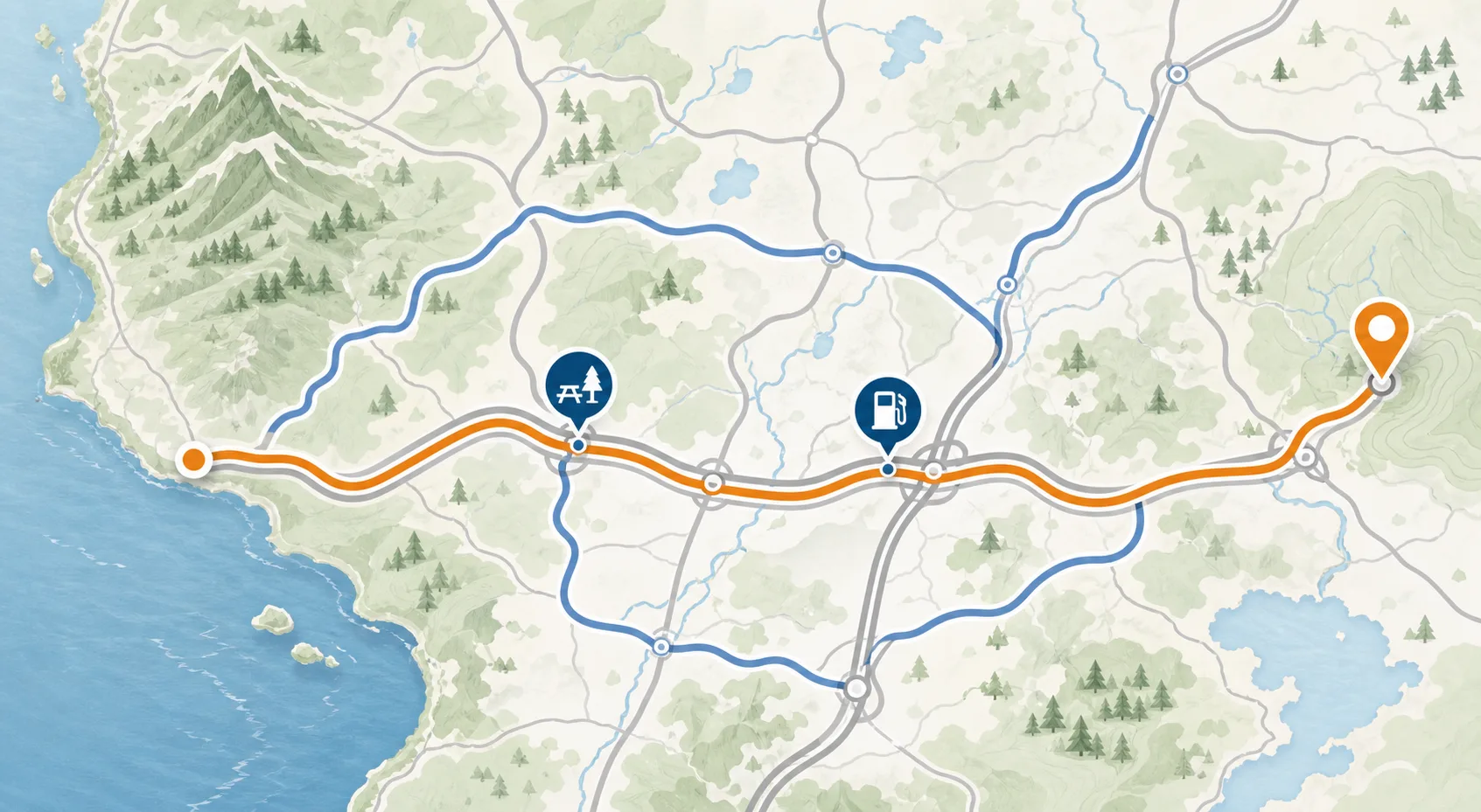 MapQuest road trip route with rest, fuel, and destination markers
