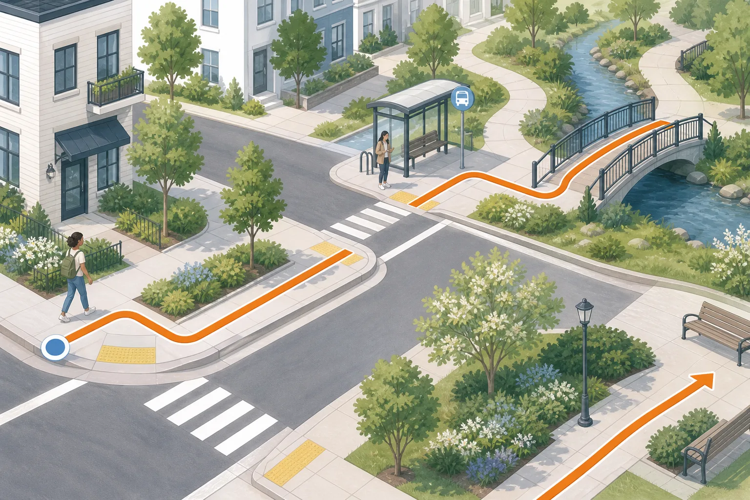 Detailed city map route illustration for planning MapQuest Walking Directions
