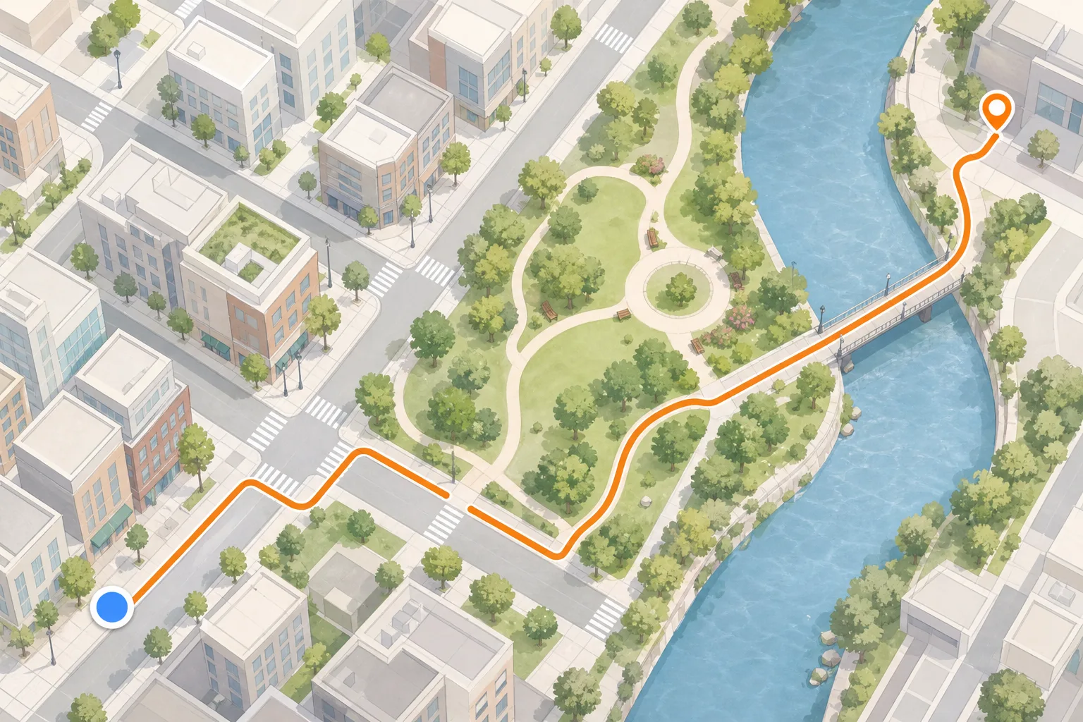 MapQuest Walking Directions concept showing a pedestrian-friendly route across a city map