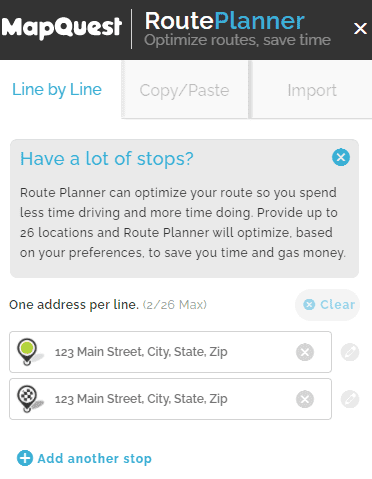 Mapquest Route Planner Example showing routes with multiple points