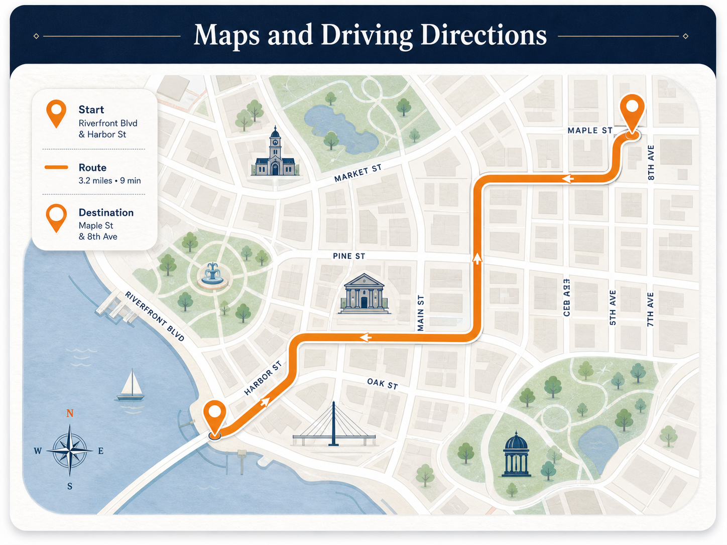 Detailed illustrated city map with an orange driving route and the title Maps and Driving Directions